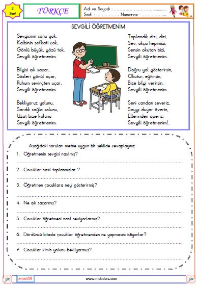 2. Sınıf Türkçe Okuma ve Anlama Metni Etkinliği (Sevgili Öğretmenim)